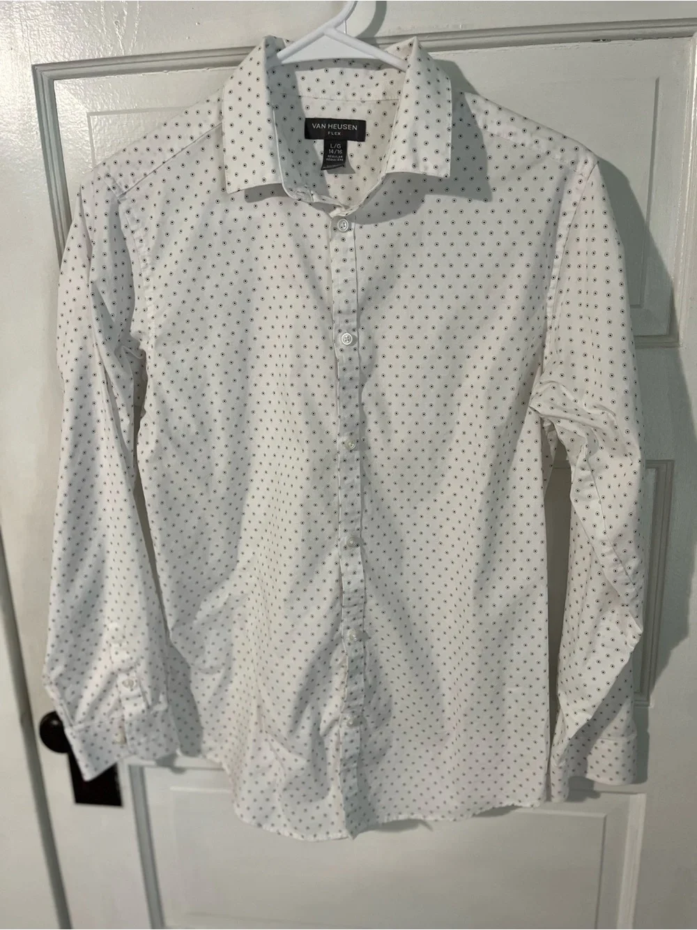 Van Heusen White Button-Down Shirt with Small Navy Dots